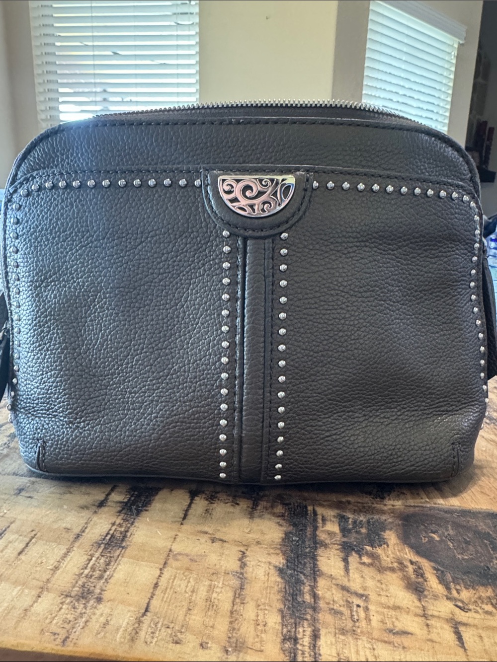 Brighton Black Pebbled Leather Crossbody with Silver Studs